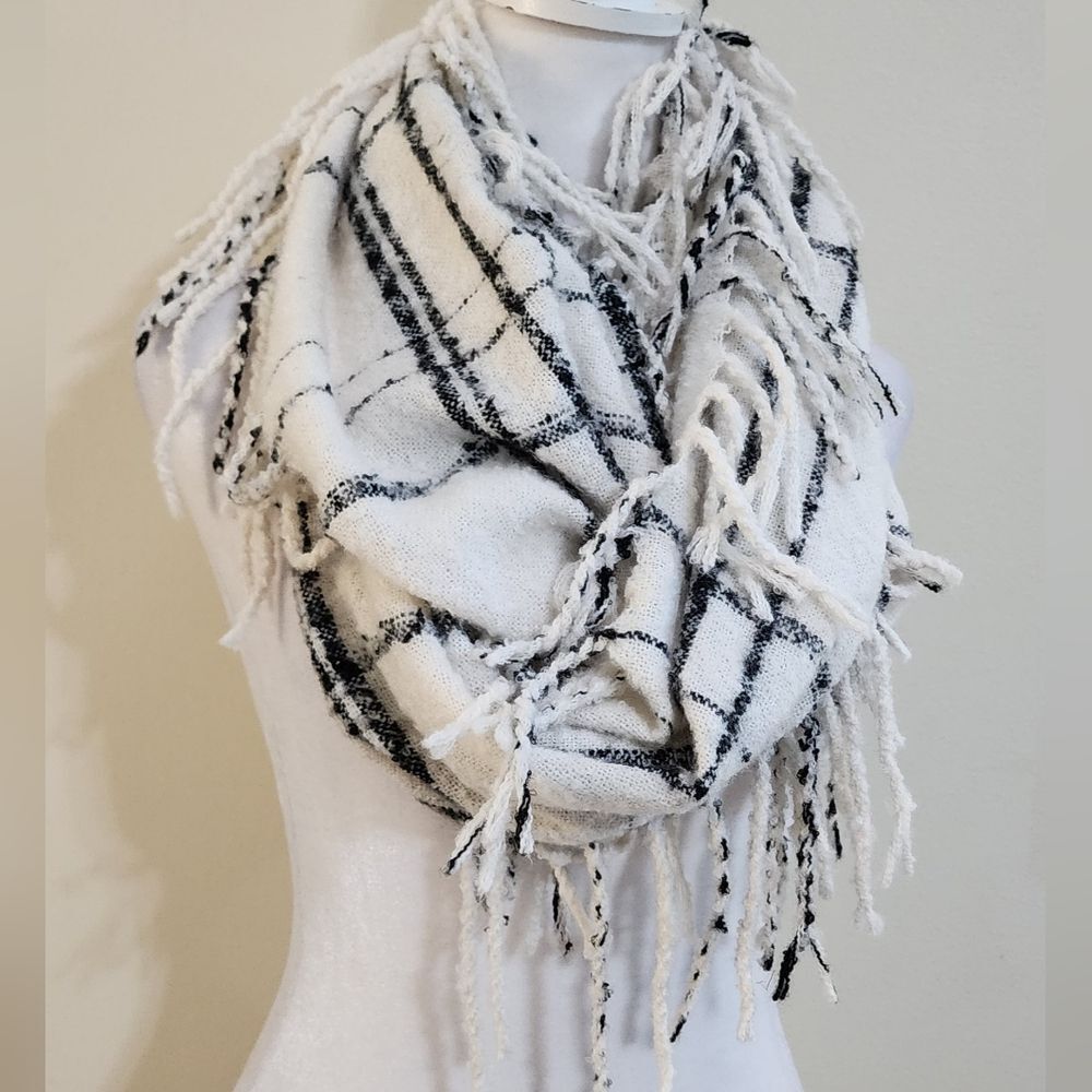 Super Soft Cream and Black Plaid Double Fringe Infinity Scarf